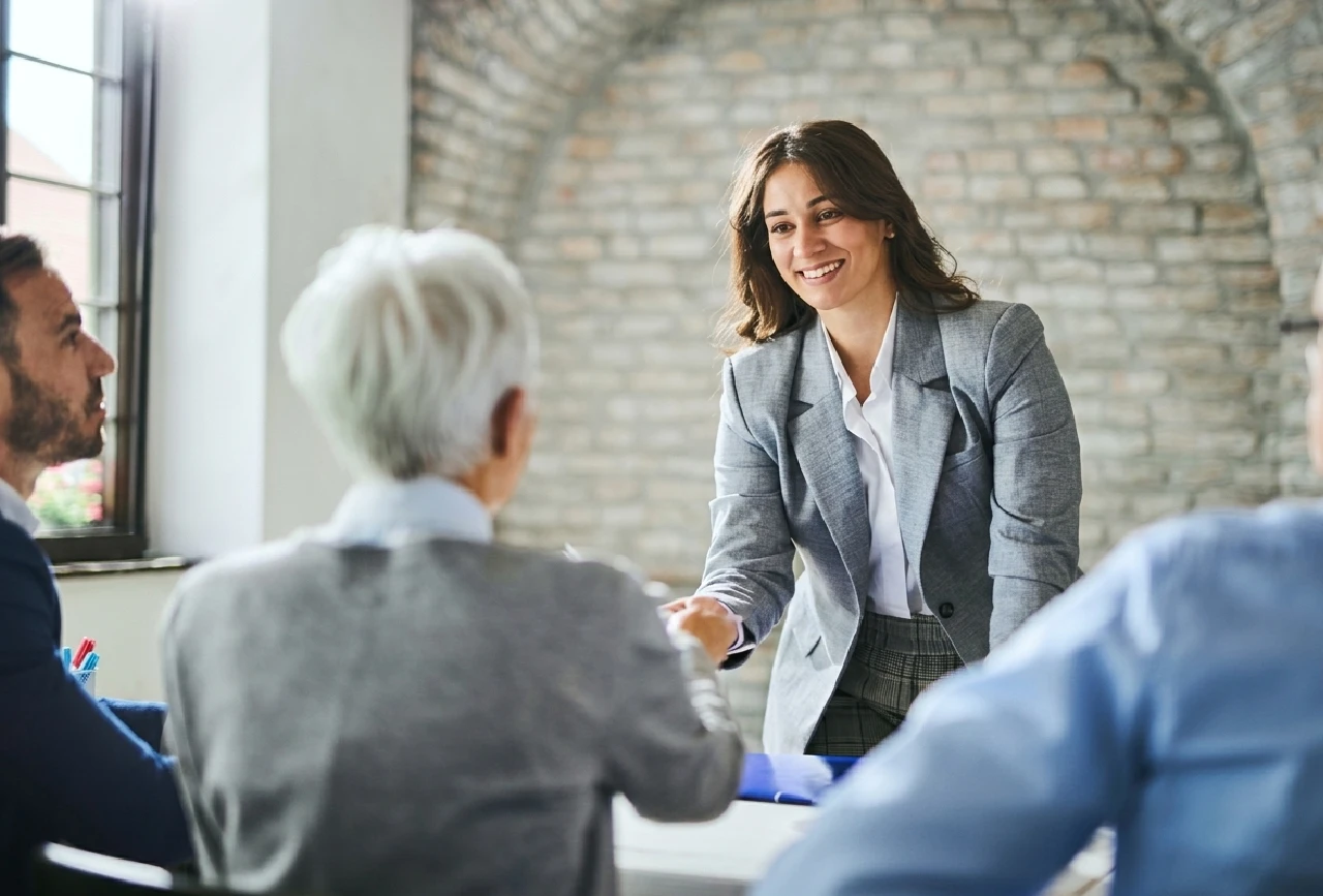 Asesora laboral sonriendo y estrechando la mano de un cliente en una oficina, reflejando la tranquilidad de tener la gestión de recursos humanos y contratos en regla ante el MTPE.